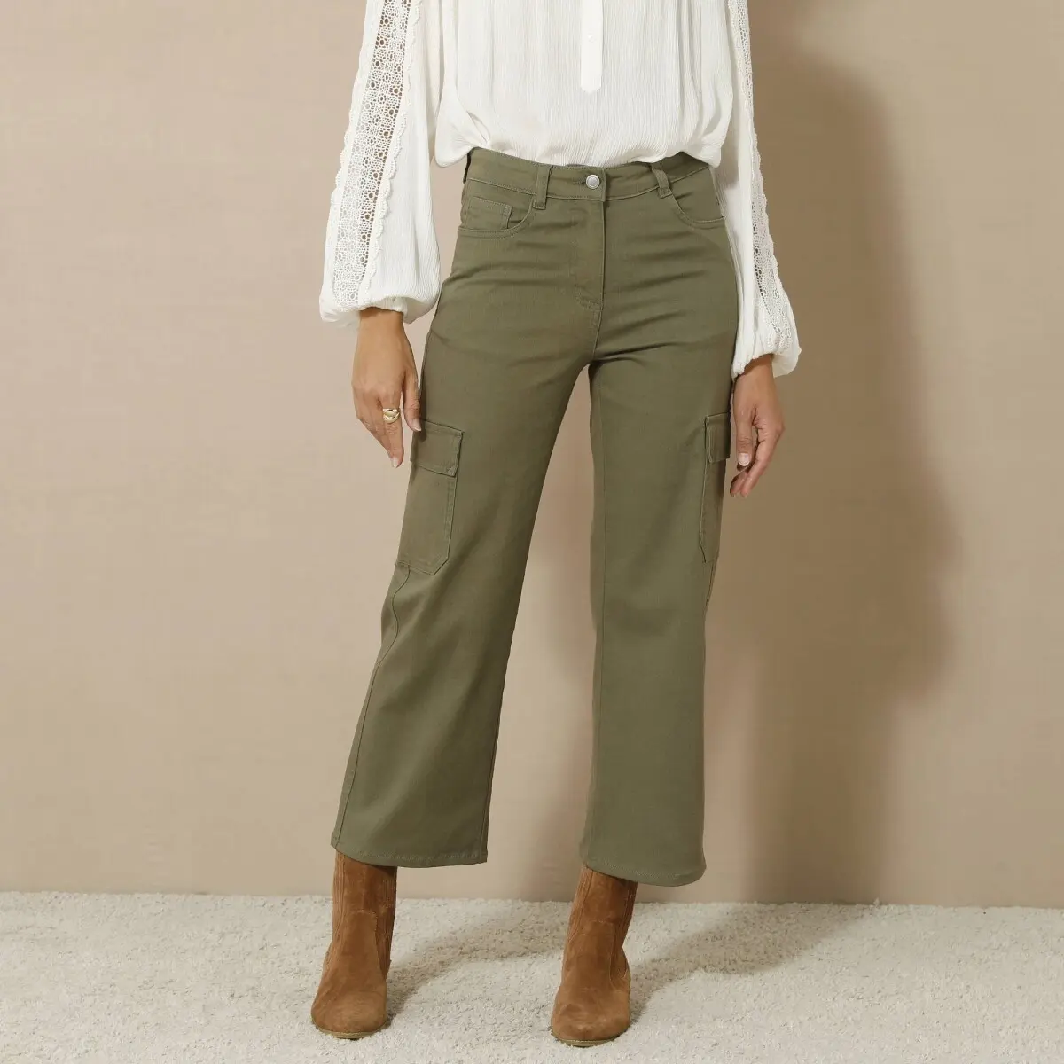 Široké 7/8 cargo kalhoty khaki