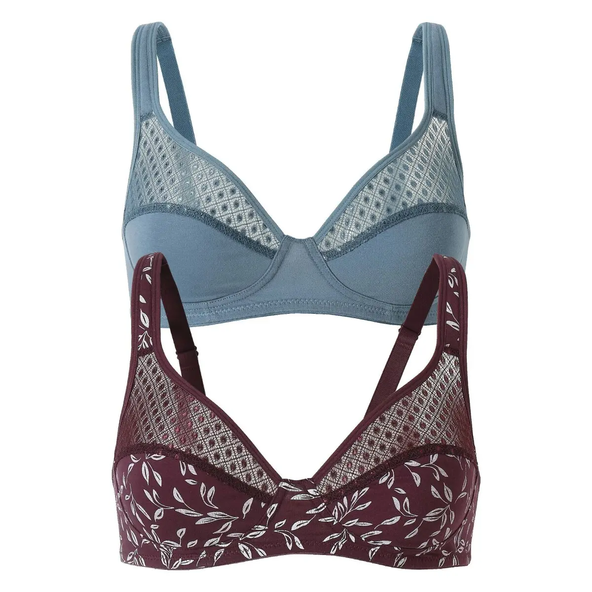 Sada 2 podprsenek Tropea zn. Confidence Lingerie, jednobarevná + s potiskem listů, bez kostic břidlicová/švestková
