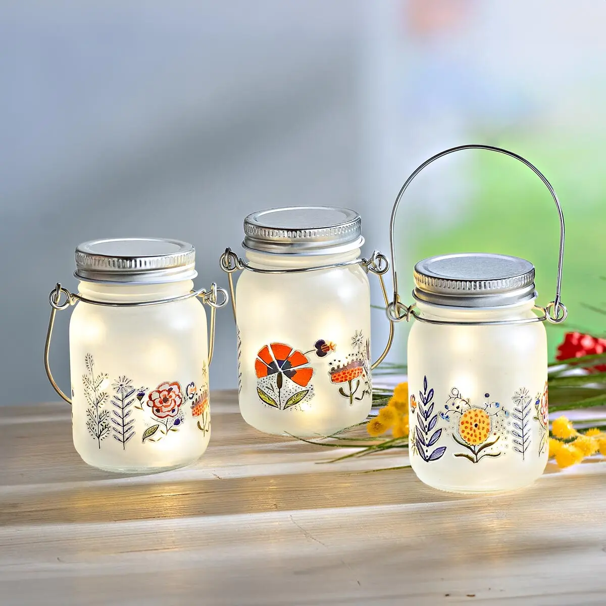 LED mini skleněná lucerna Luční květy, sada 3 ks