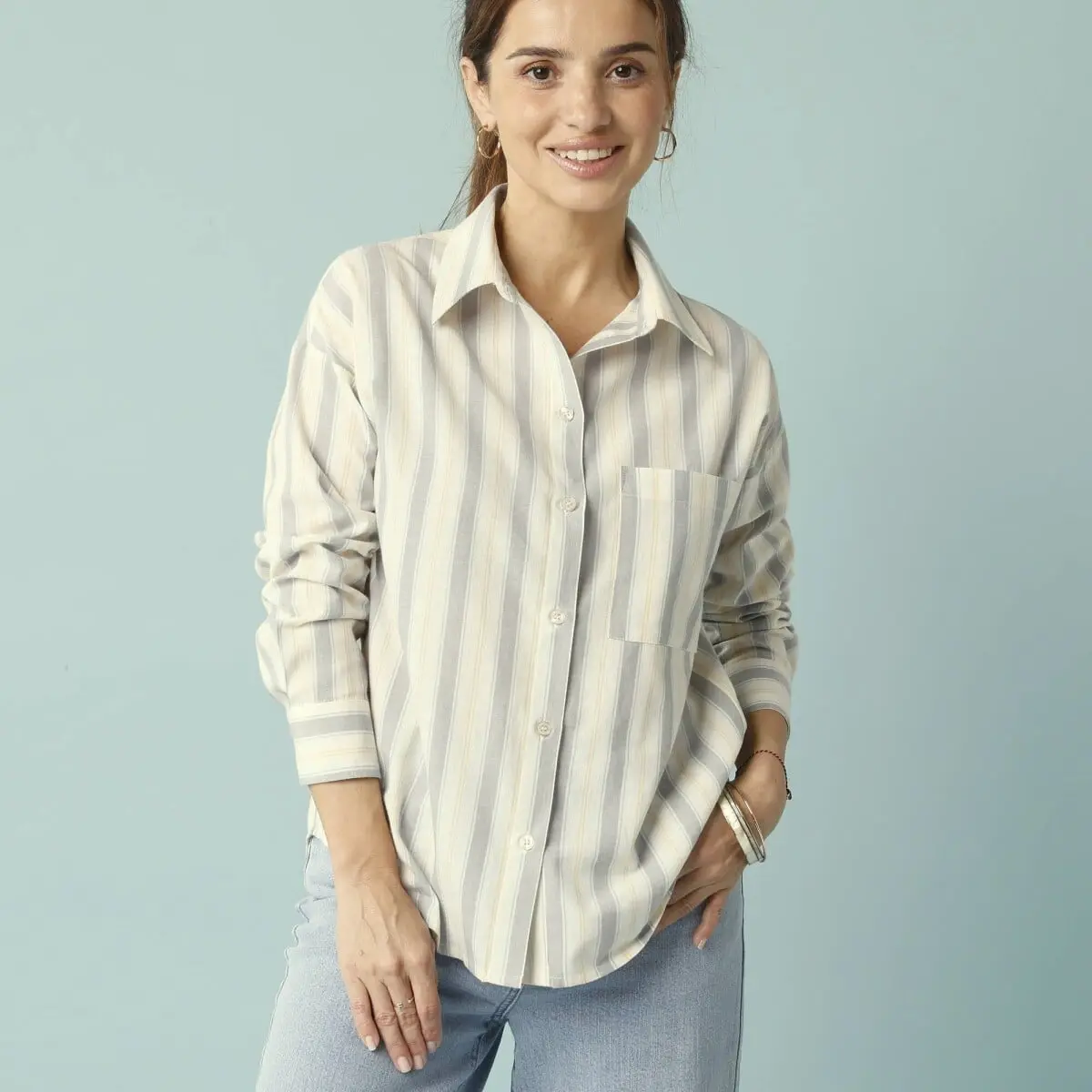 Oversize pruhovaná košile pro malou postavu žlutá/lila 46