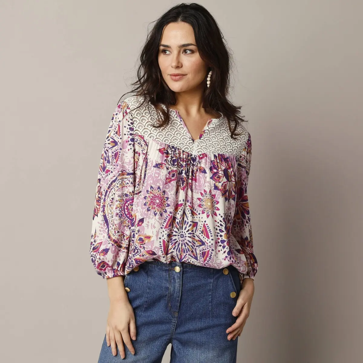 Macramé halenka se 3/4 rukávy režná/fialová
