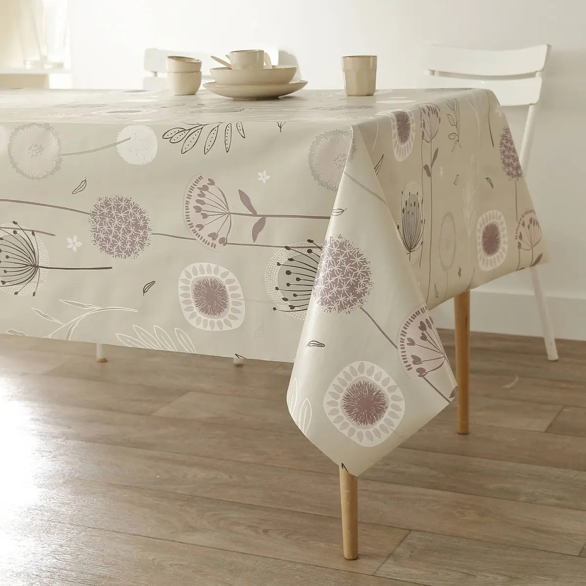 Voskovaný ubrus s potiskem pampelišek hnědošedá průměr 138 cm