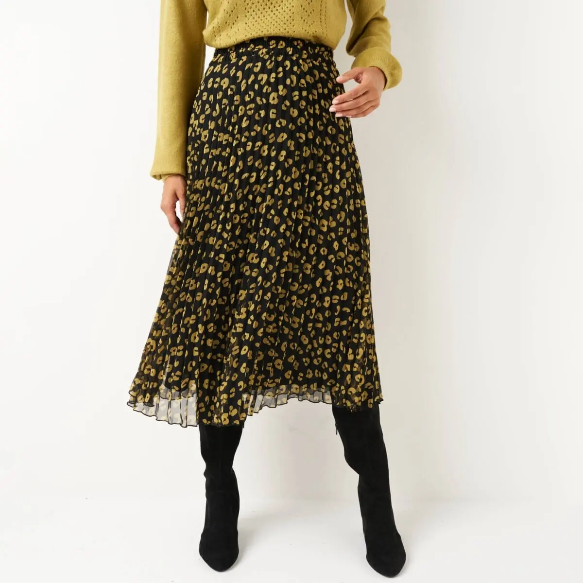 Plisovaná midi sukně s leopardím potiskem černá/olivová