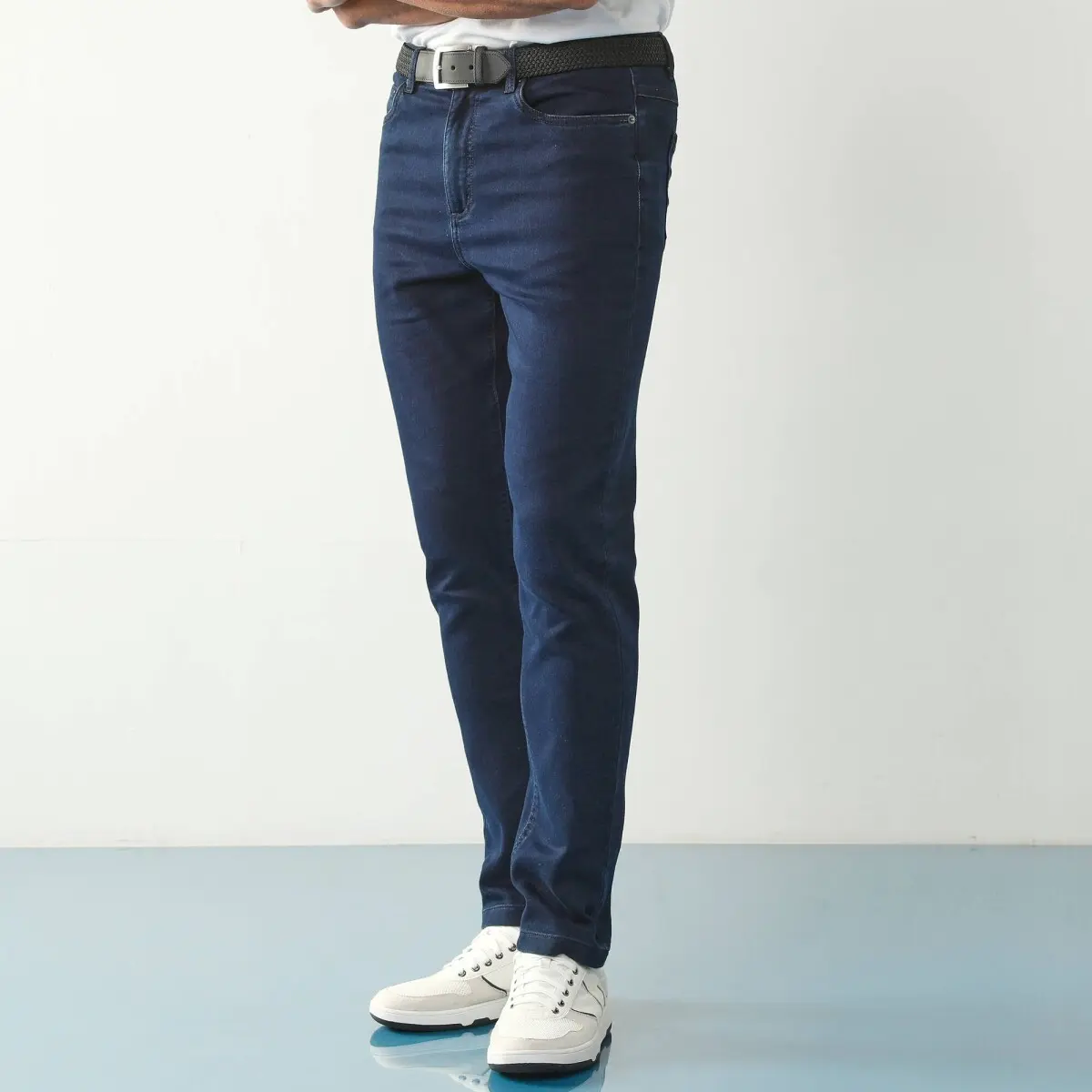Rovné džíny s 5 kapsami ze strečového denimu pro nižší postavu tmavě modrá