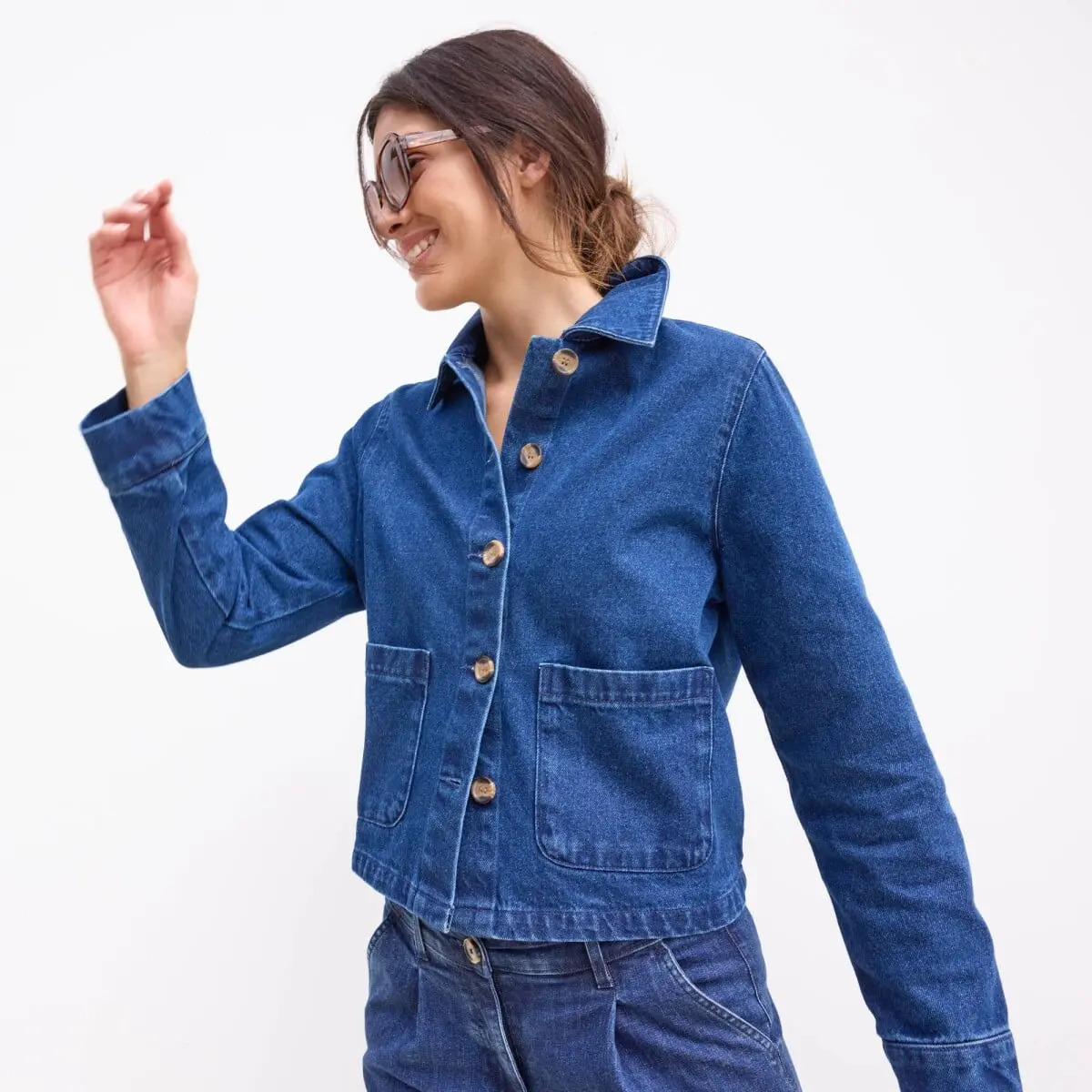 Džínová rovná bunda na knoflíky, ve worker stylu modrá