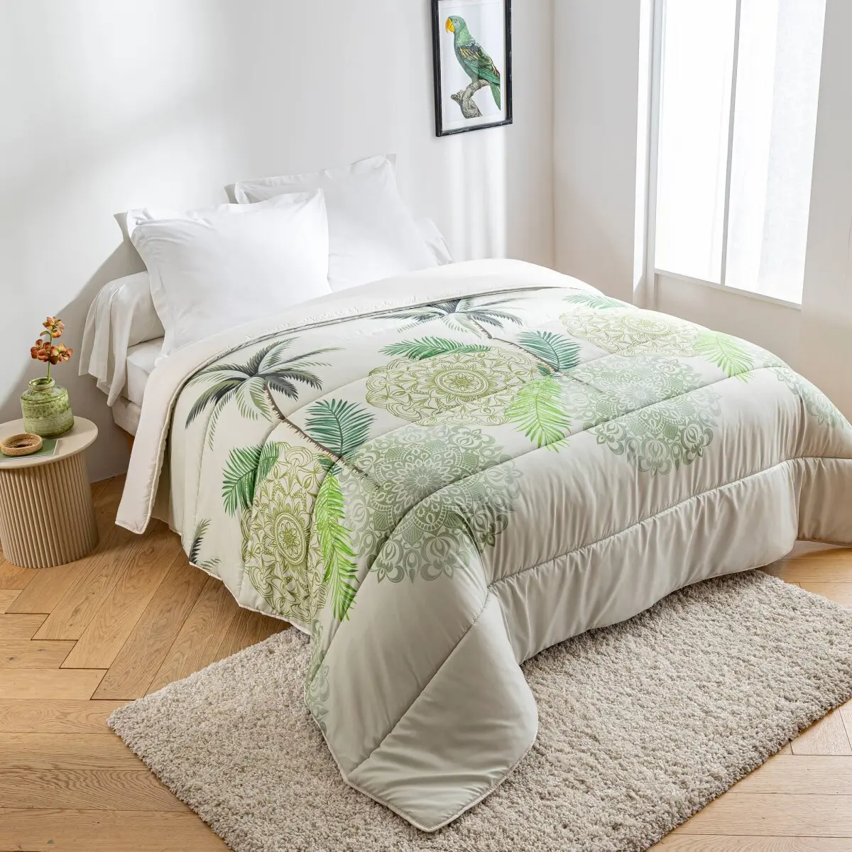 Přikrývka z mikrovlákna s potiskem tropických listů 200g/m2 zelená 140x200 cm