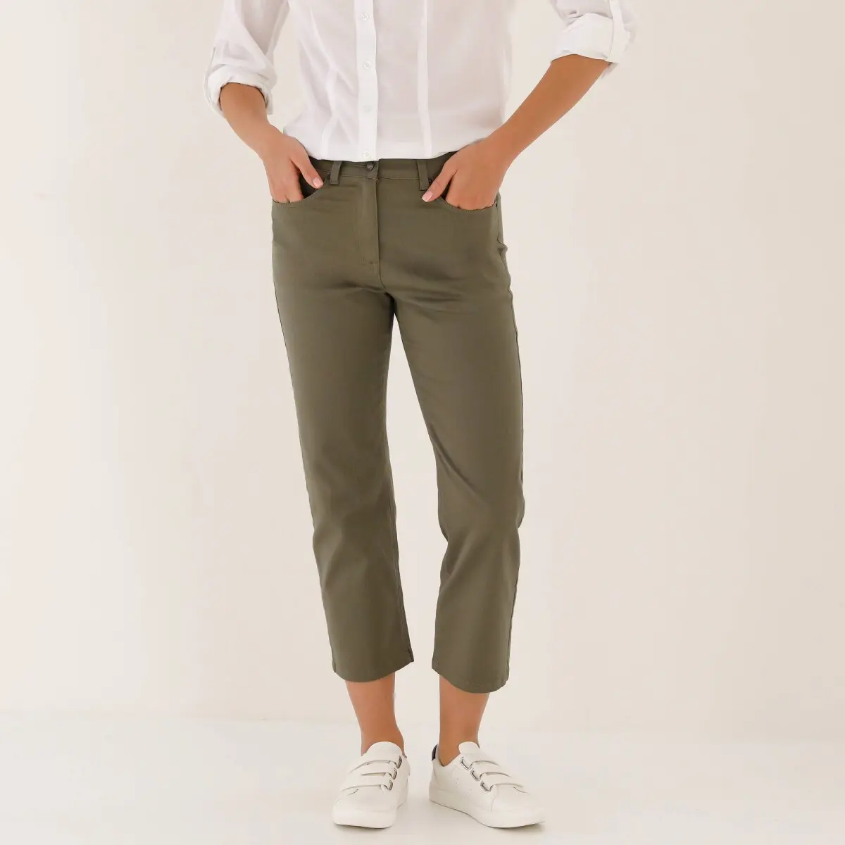 Rovné 7/8 jednobarevné kalhoty khaki