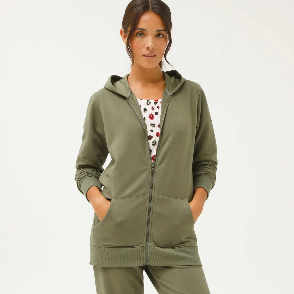 Bunda na zip s kapucí, česaný molton khaki 52