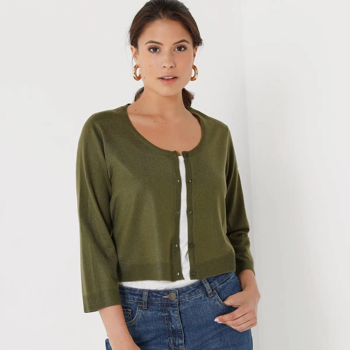 Úpletové bolerko na knoflíčky s 3/4 rukávy khaki 46/48