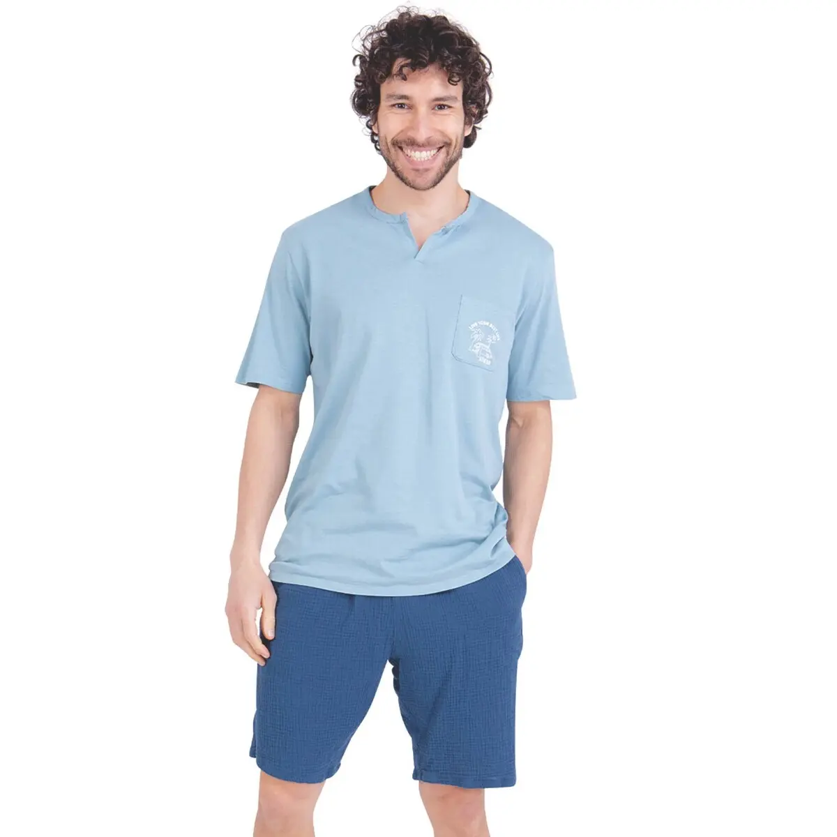 Pyžamo se šortkami ze 2 materiálů Easy Coton Athena® modrá