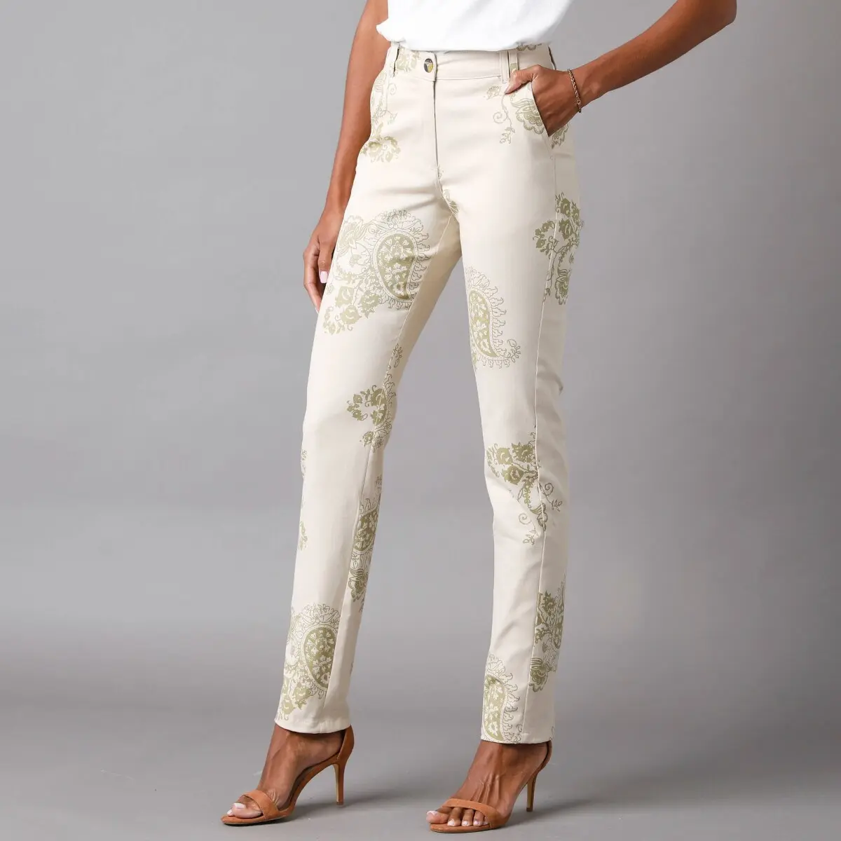 Chino kalhoty s paisley potiskem béžová