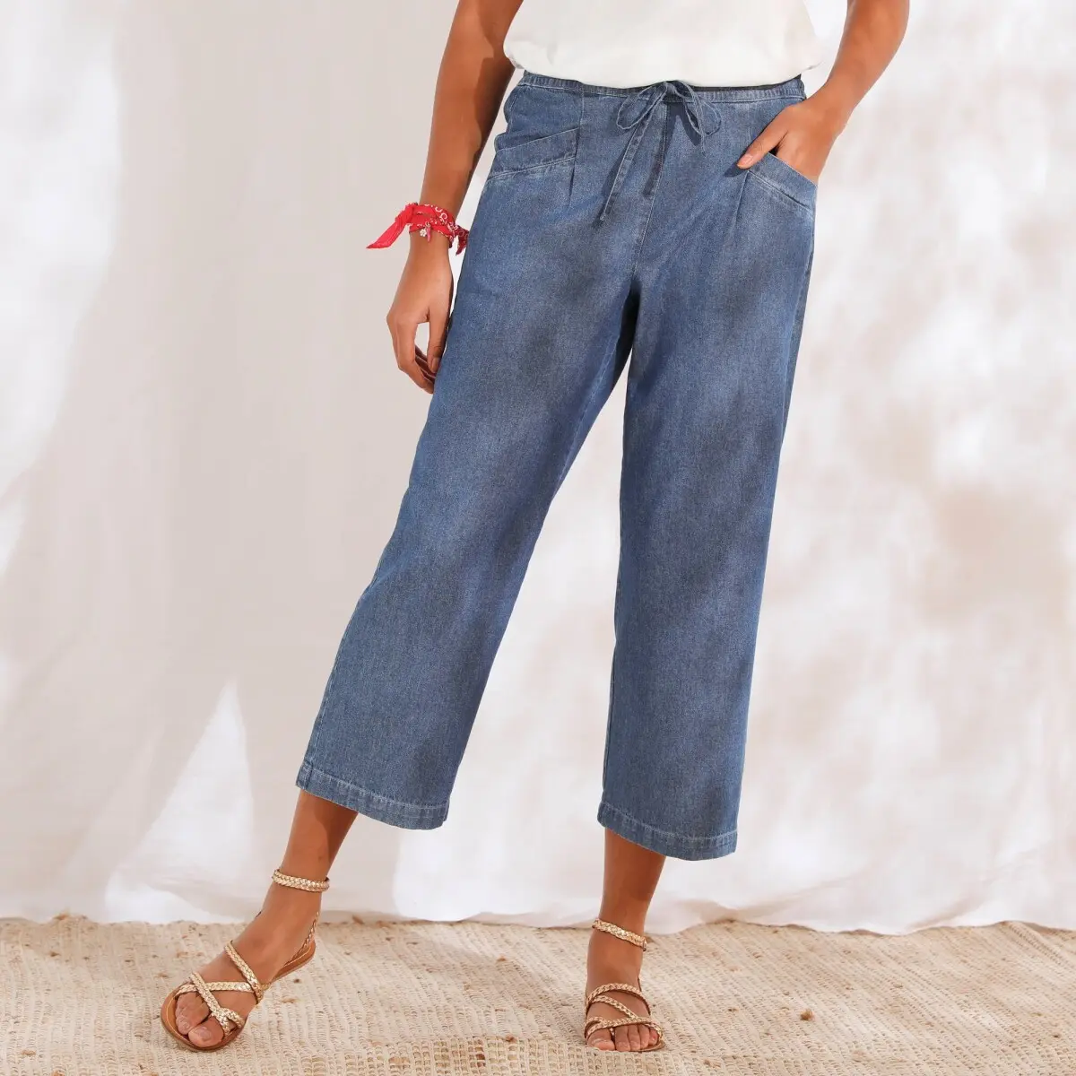 7/8 široké kalhoty z lehkého denimu sepraná modrá