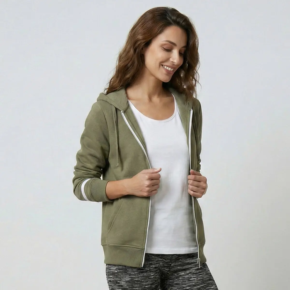 Dvoubarevná moltonová mikina na zip, s kapucí khaki/bílá