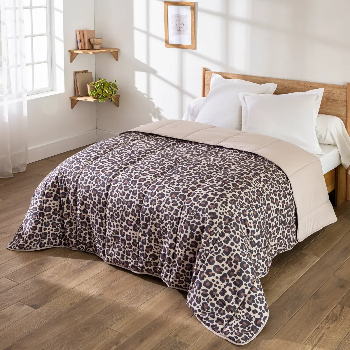 Přikrývka s leopardím motivem, mikrovlákno 400 g/m2 písková/černá