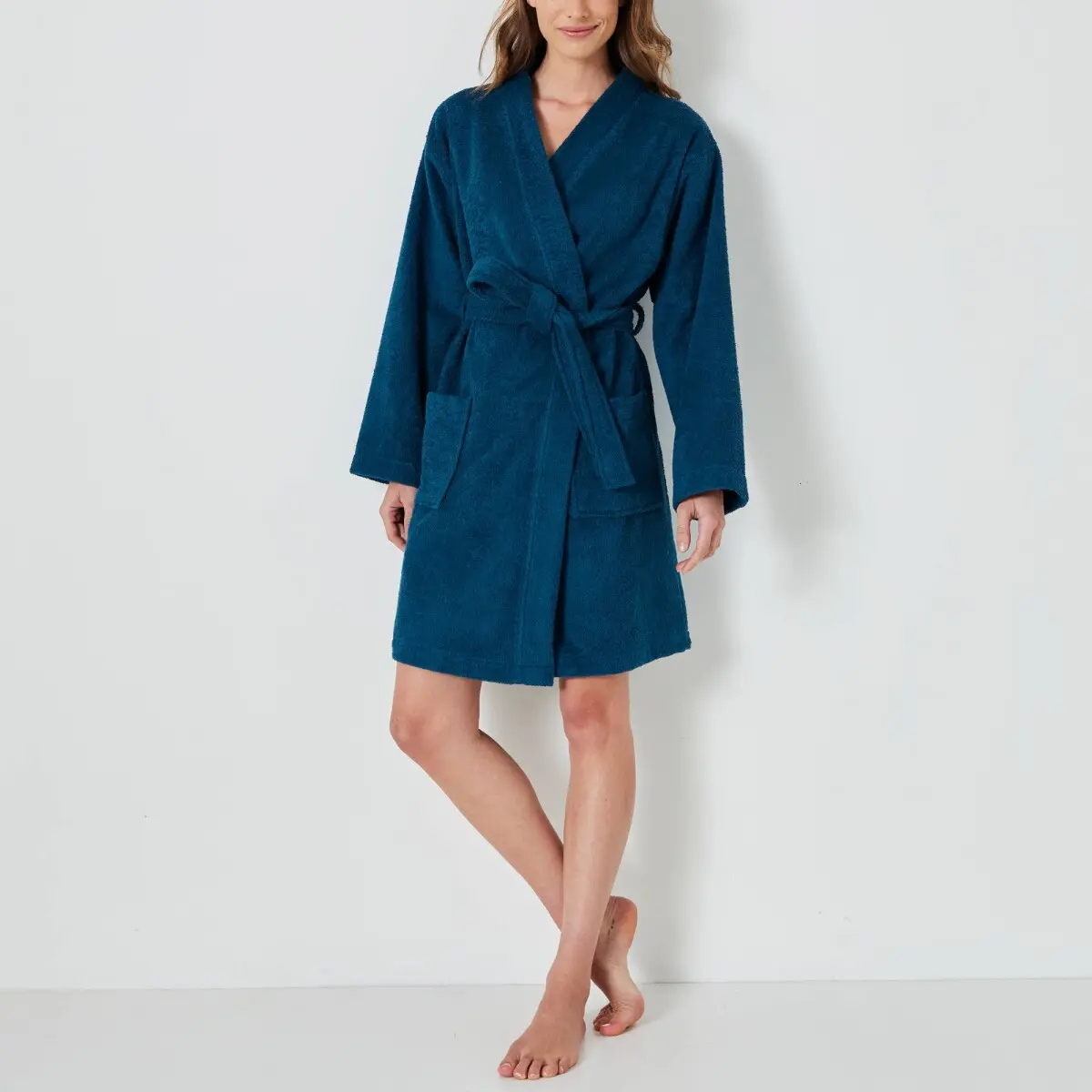 Krátký unisex župan s kimono límcem petrolejová