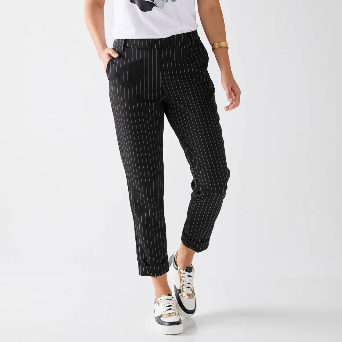 7/8 úzké pruhované kalhoty černá/bílá