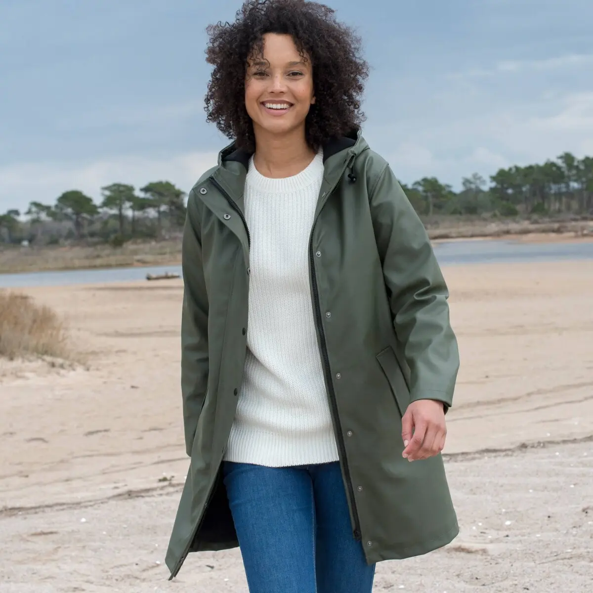 Nepromokavá dlouhá bunda s fleecovou podšívkou, recyklovaný polyester khaki