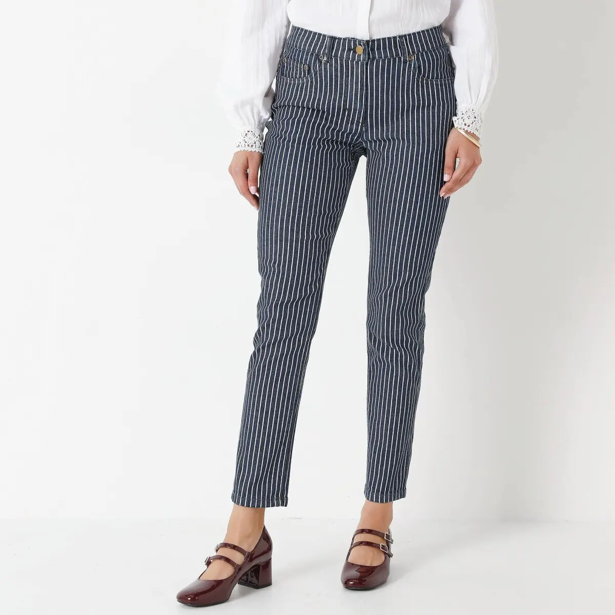 Úzké 7/8 kalhoty,, pruhovaný denim tmavě modrá