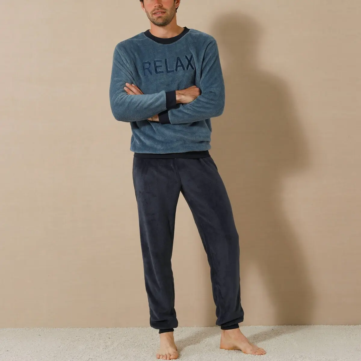 Fleecové pyžamo s výšivkou Relax, hebké na dotek modrá/nám.modrá