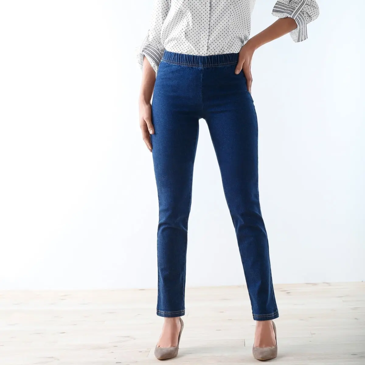 Tvarující kalhoty s pružným pasem a efektem plochého břicha denim