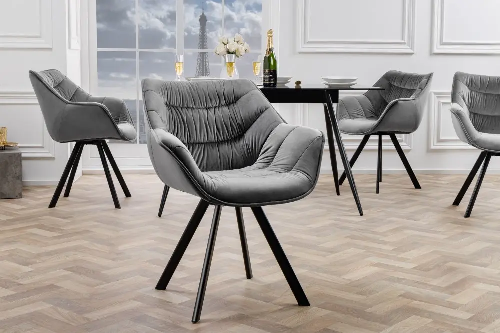 Estila Moderní šedá otočná jídelní židle Monzana s prošívaným sametovým potahem a kovovými nožičkami 82 cm