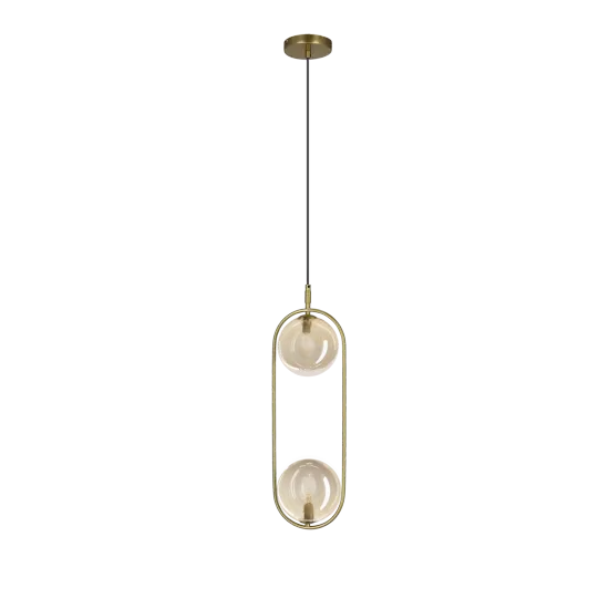 CORDEL vintage závěsná lampa - zlatá mosaz s jantarovými kulovými stínidly - elegantní osvětlení obývacího pokoje 2x G9 LED