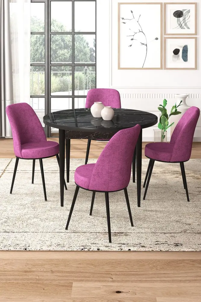 Dining Table & Chairs Set (5 Pieces) Tor - Black Marble, Purple