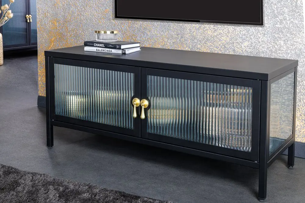 Estila Industriální moderní černá vitrína Industria Durante se dvěma dvířky s žebrovaným sklem 160 cm