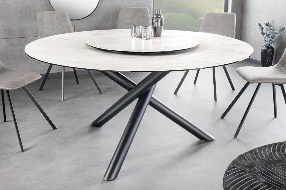 Estila Designový kulatý jídelní stůl Siam s bílou mramorovou vrchní deskou s otočným talířem ve středu 150 cm