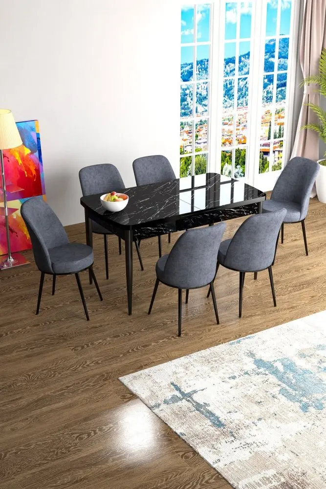 Extendable Dining Table & Chairs Set (7 Pieces) Han - Black Marble, Fume