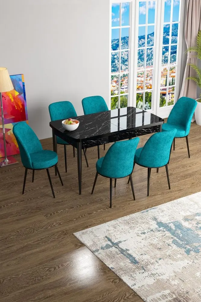 Extendable Dining Table & Chairs Set (7 Pieces) Han - Black Marble, Turquoise