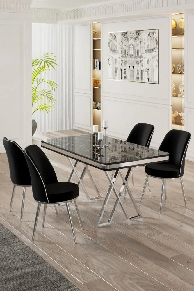Dining Table & Chairs Set (5 Pieces) Vals - Black Marble, Chrome, Black