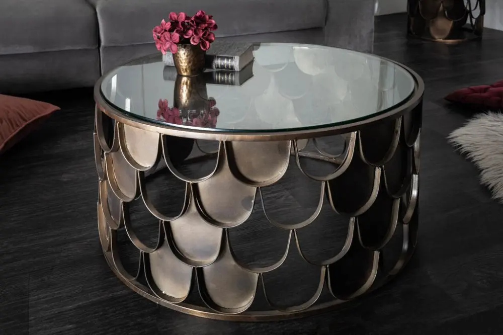 Estila Art-deco bronzový kruhový konferenční stolek Escama se vzorem rybích šupin a skleněnou deskou 70cm