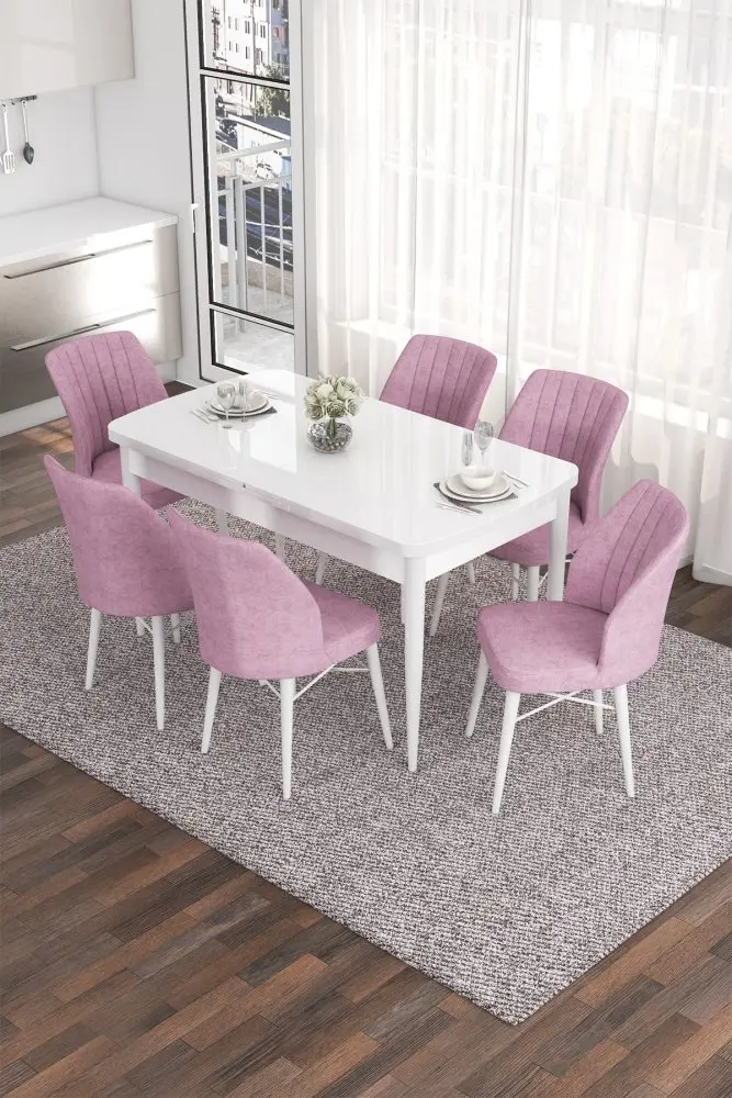 Extendable Dining Table & Chairs Set (7 Pieces) Eva - White, Pink