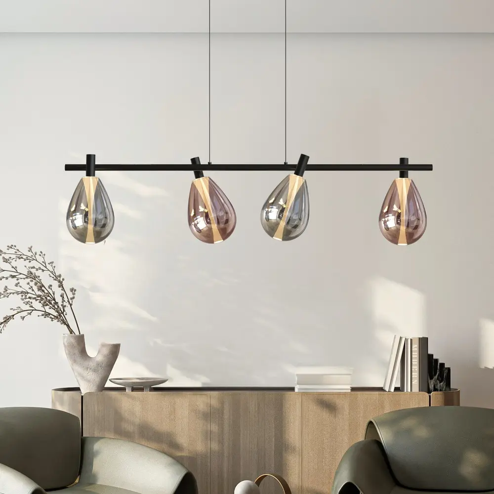 Lampa wisząca Denso szklana czarna nad stół potrójna z kloszami dymionymi i miedzianymi