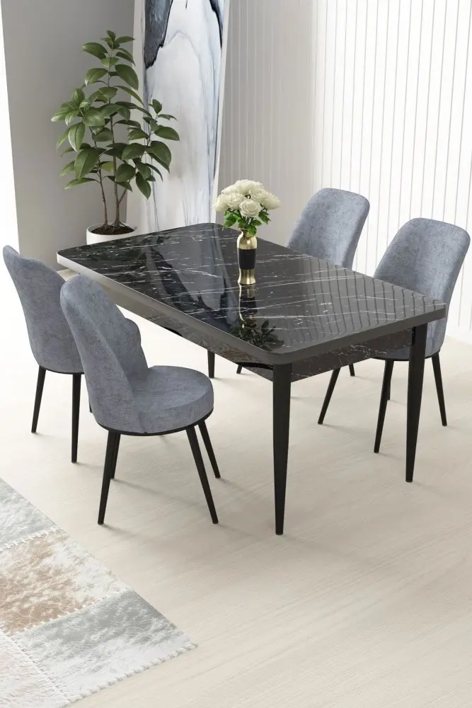 Dining Table & Chairs Set (5 Pieces) Nil - Black Marble, Grey