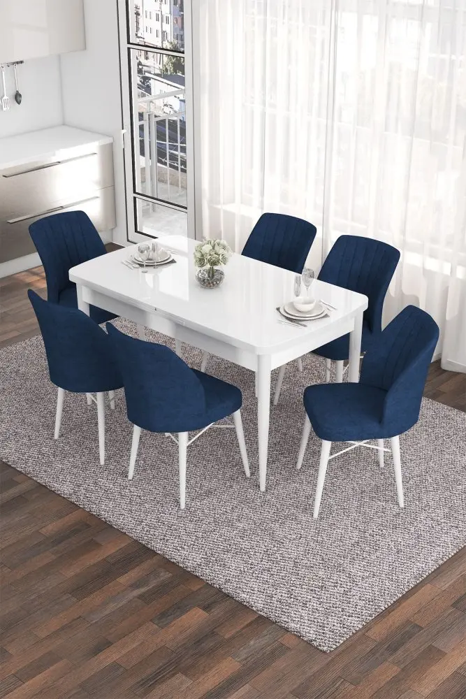Extendable Dining Table & Chairs Set (7 Pieces) Eva - White, Navy Blue