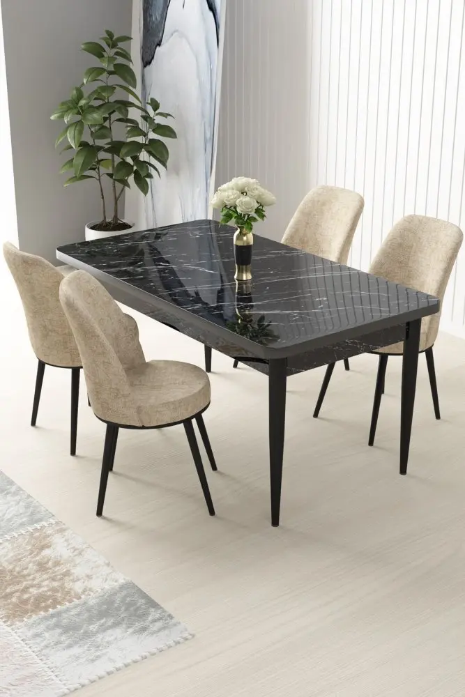 Dining Table & Chairs Set (5 Pieces) Nil - Black Marble, Cream