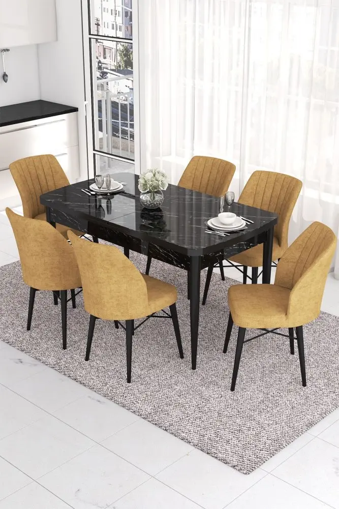Extendable Dining Table & Chairs Set (7 Pieces) Eva - Black Marble, Cappuccino