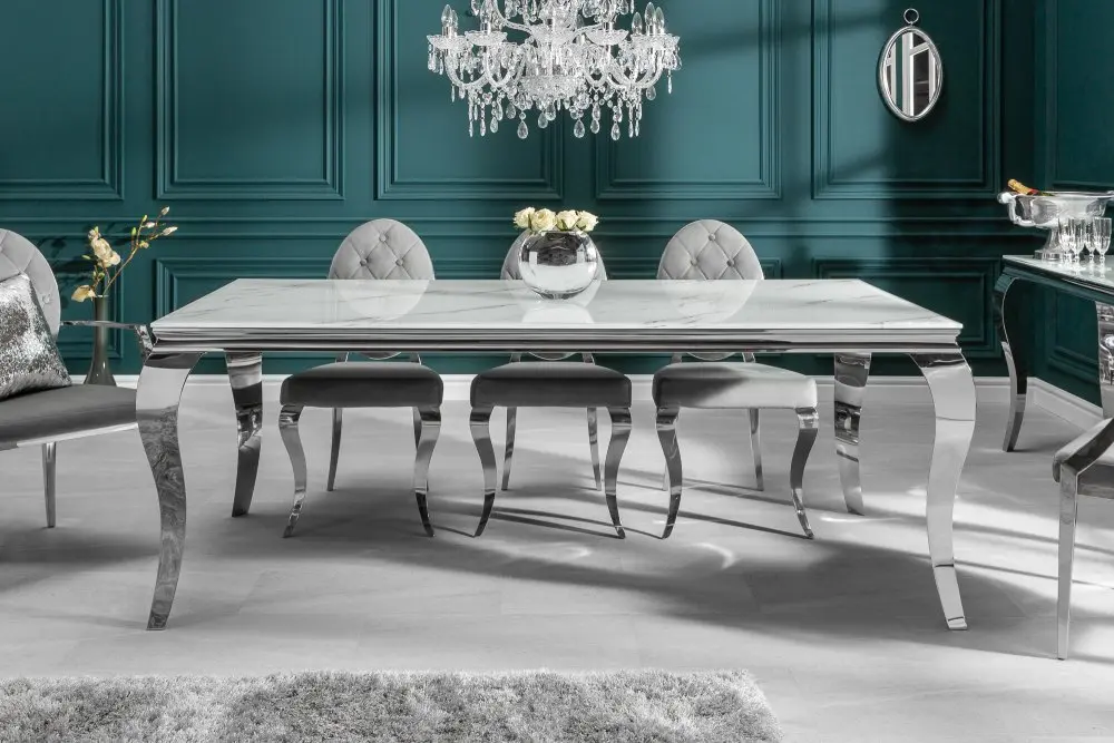 Estila Luxusní skleněný mramorový jídelní stůl Modern Barock s chromovými nohami v barokním stylu 180cm