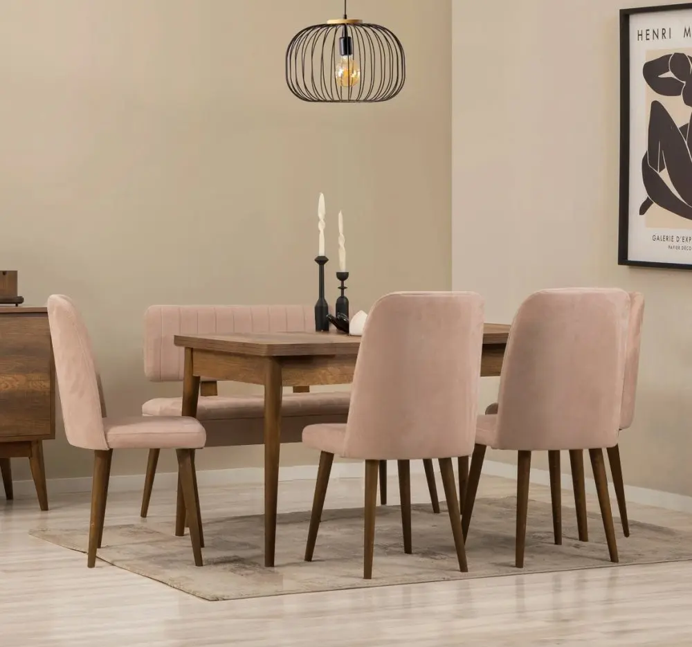 Jídelní set s rozkládacím stolem a židlemi (6 kusů) Vina - Walnut, Stone