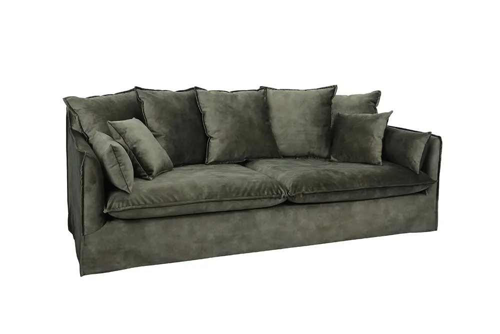 Estila Designová moderní dvousedačka Heaven se sametovým tmavě zeleným potahem a polštářky 200cm