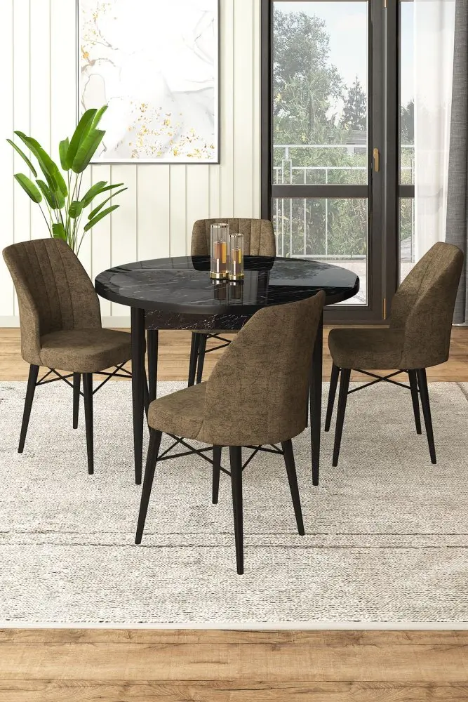 Dining Table & Chairs Set (5 Pieces) Rox - Black Marble, Brown