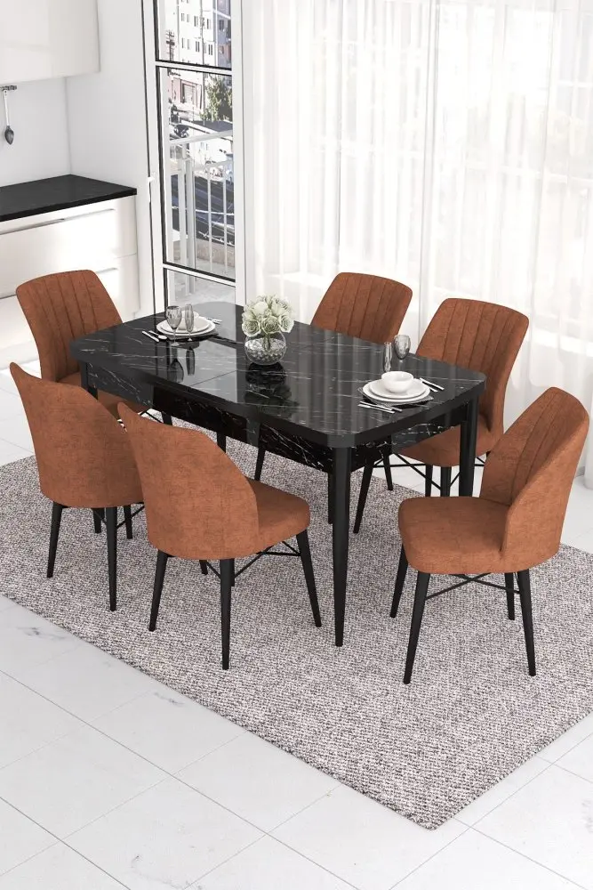 Extendable Dining Table & Chairs Set (7 Pieces) Eva - Black Marble, Tile Red