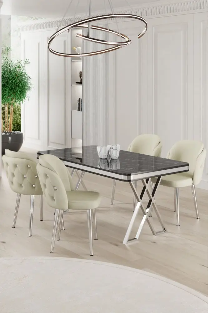 Dining Table & Chairs Set (5 Pieces) Rigel - Black Marble, Chrome, Cream