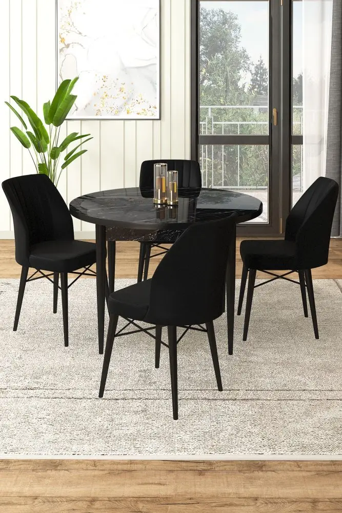Dining Table & Chairs Set (5 Pieces) Rox - Black Marble, Black