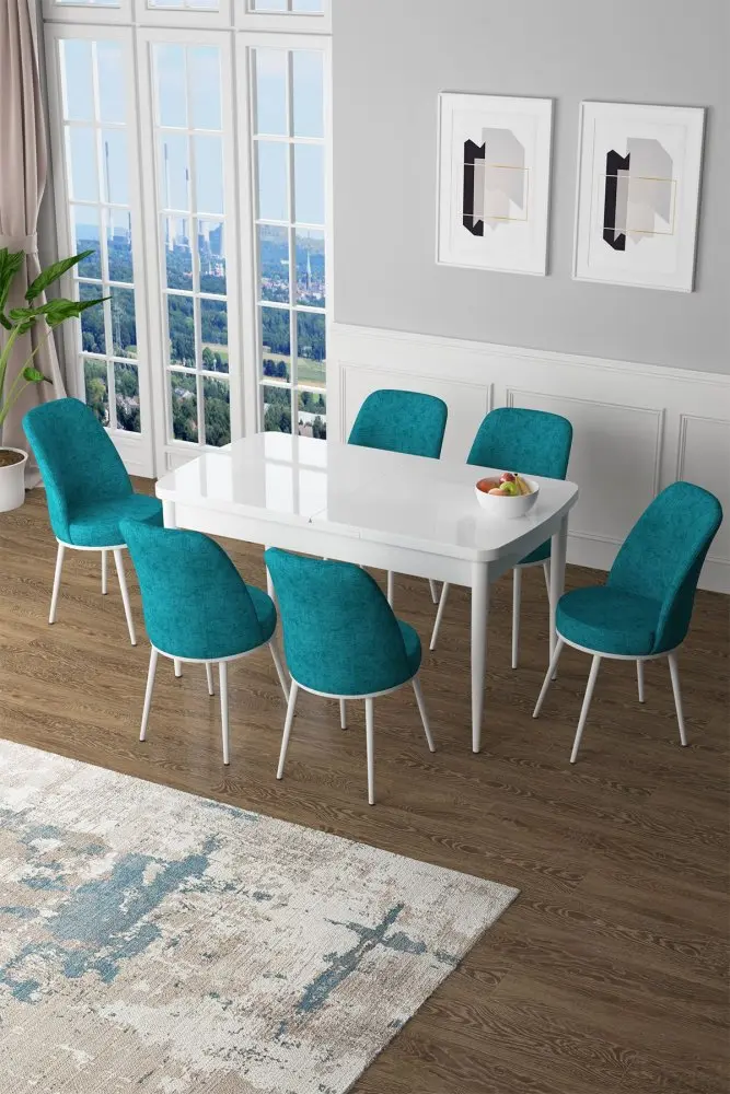 Extendable Dining Table & Chairs Set (7 Pieces) Zen - White, Turquoise