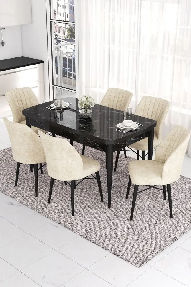 Extendable Dining Table & Chairs Set (7 Pieces) Eva - Black Marble, Cream