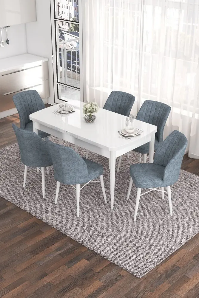 Extendable Dining Table & Chairs Set (7 Pieces) Eva - White, Grey