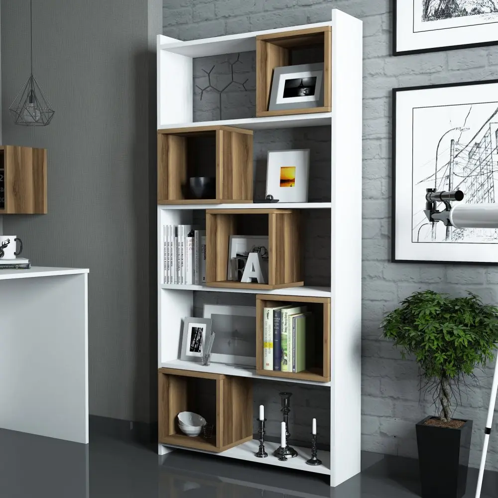 Knihovna Box - White, Walnut